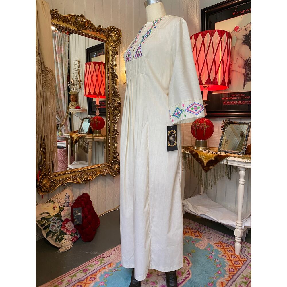 vintage 1970s cotton embroidered kaftan 70s loungewear southwestern maxi dress - Picture 9 of 10
